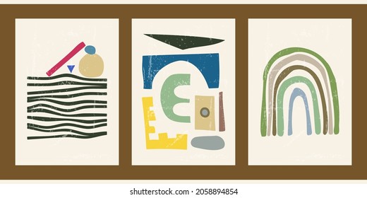 A set of three bright aesthetic geometric backgrounds. Minimalistic posters for social media, cover design, web, home decor. Vintage illustrations with shapes, circles, lines, curves.