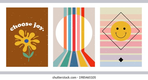 A set of three bright aesthetic posters. Minimalistic posters with positive phrases for social media, cover design, web. Vintage illustrations with rainbow, sun, geometric shapes, dots, lines.