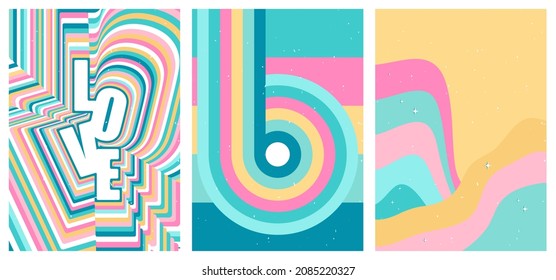 A set of three bright aesthetic posters. Minimalistic posters with positive phrases for social media, cover design, web. Vintage illustrations with rainbow, sun, geometric shapes, dots, lines.