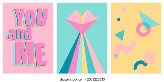 A set of three bright aesthetic posters. Minimalistic posters with positive phrases for social media, cover design, web. Vintage illustrations with rainbow, sun, geometric shapes, dots, lines.