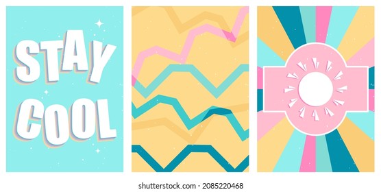 A set of three bright aesthetic posters. Minimalistic posters with positive phrases for social media, cover design, web. Vintage illustrations with rainbow, sun, geometric shapes, dots, lines.