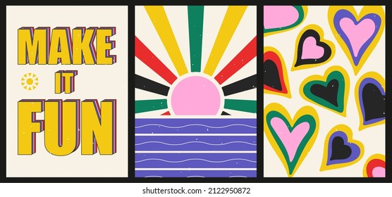 A set of three bright aesthetic posters. Minimalistic posters with positive phrases for social media, cover design, web. Vintage illustrations with rainbow, sun, geometric shapes, dots, lines.