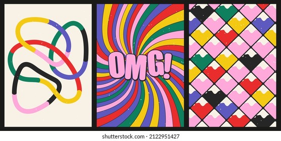 A set of three bright aesthetic posters. Minimalistic posters with positive phrases for social media, cover design, web. Vintage illustrations with rainbow, sun, geometric shapes, dots, lines.