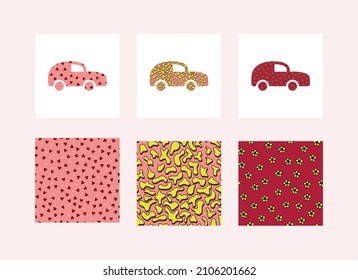 Set of three bright cars and patterns for them. Vector set with cute cars for fabric, textile and wallpaper design. Flowers, hearts, leopard print. Vector illustration. Hand drawn.
