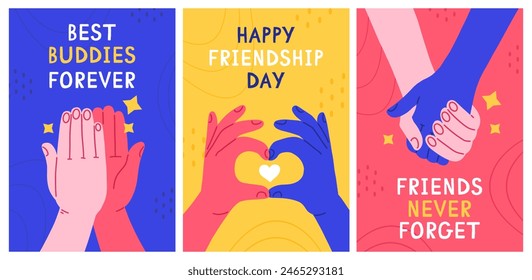 A set of three bright cartoon flat style friendship posters with hands. Friendship card design. International Friendship Day