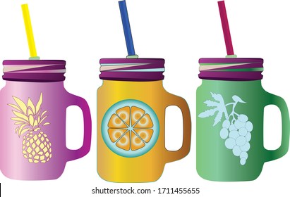 Set of three bright, colorful bottles with a tube for smoothies or juice, with a pattern in the form of a fruit