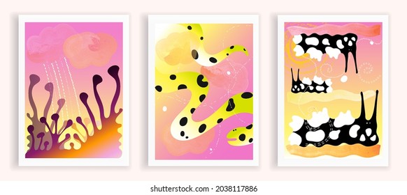 A set of three bright fantastic doodles, a vector drawing for the children's room, printing and printing on T-shirts in yellow, pink and orange, fictional cartoon characters.