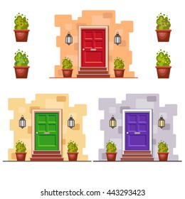 Set of three bright front doors on a brick wall with pots with plants and lights. Vector building element. Cartoon house illustration