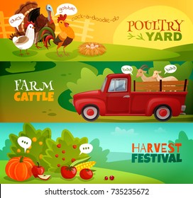 the set of three bright horizontal banners farm theme in cartoon style