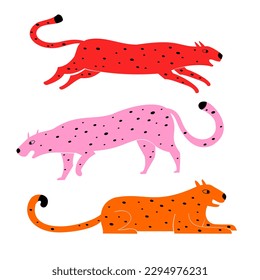Set of three bright leopards. Vector isolated illustration.