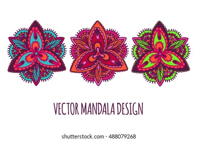 Set of three bright mandala on a white background.