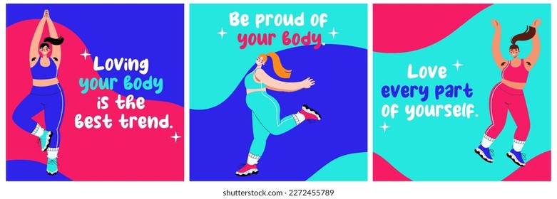 Set of three bright posters with attractive overweight women with armpit hair. Happy body positive and love yourself concept. 