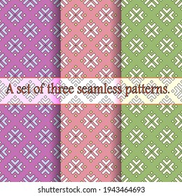 A set of three bright seamless geometric prints, light square elements. Great for decorating fabrics, textiles, gift wrapping design, any printed materials, advertising, or other design.