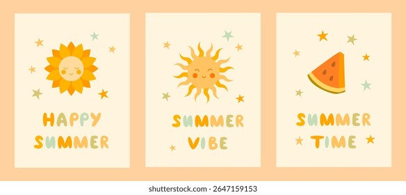 Set of three bright summer-themed cards featuring a smiling sun, watermelon slice, and colorful lettering. Perfect for children's greeting cards, summer party invites, prints, or digital projects.
