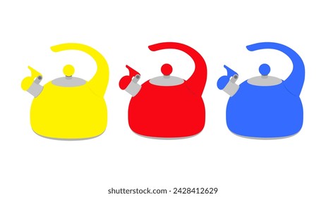 Un juego de tres teteras brillantes en colores amarillo, rojo y azul. Un hervidor vectorial con un silbato y mango. Utensilios de cocina.