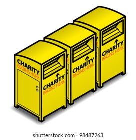 A set of three bright yellow charity clothing bins.