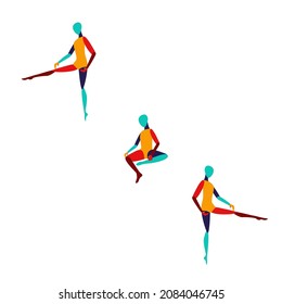 A set of three brightly colored figures in different poses. 