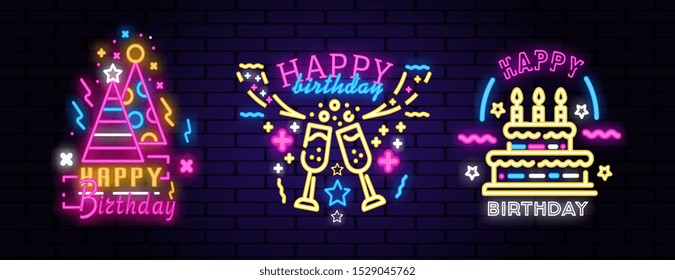 Set of three brightly colored neon light birthday signs with Happy Birthday text depicting party hats, glasses of champagne and birthday cake with candles, vector illustrations