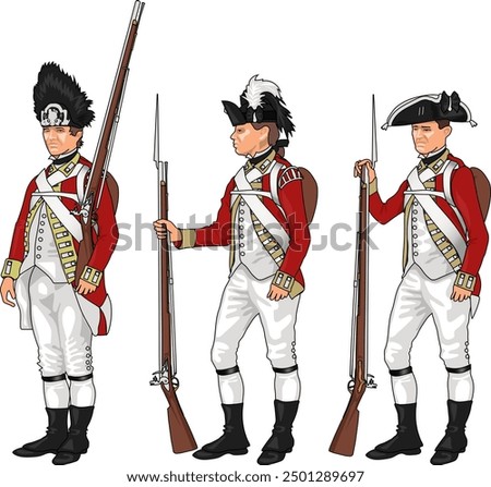 Set of Three British Soldiers in Uniforms from American Revolutionary War Holding Muskets or Rifles, Illustration Isolated on White Background, EPS 10 Vector
