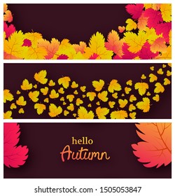 Set of three brown backgrounds with autumn leaves and place for your text.  Banner design for fall season banner or poster. Vector illustration
