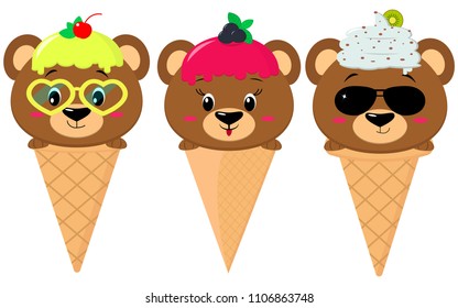 A set of three brown bears in the image of an ice cream. Sits in a waffle cone on his head glaze and ice cream with a berry, in the style of a cartoon. Flat, vector.