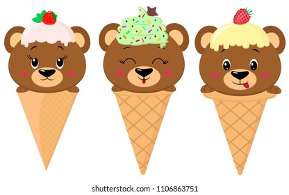 A set of three brown bears in the image of an ice cream. Sits in a waffle cone on his head glaze and ice cream with a berry, in the style of a cartoon. Flat, vector.
