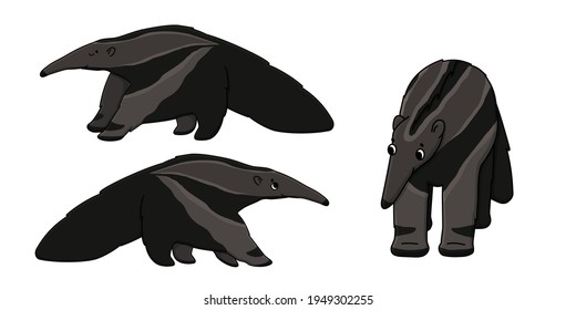 Conjunto de tres lindos y lindos dibujos animados de linea marrón aislados hormigueros o hormigueros. Los animales vectores se paran o van a algún lugar, vista frontal y lateral. Dibujo de doodle dibujado a mano sobre fondo blanco