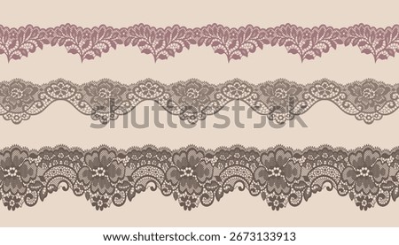 A set of three brown lace trims in a wavy formation