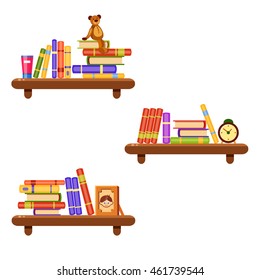 Set of three brown wooden vector shelves with many colorful books, teddy bear, clock and a photo frame in cartoon style. Home library. Love reading. Cute interior illustration
