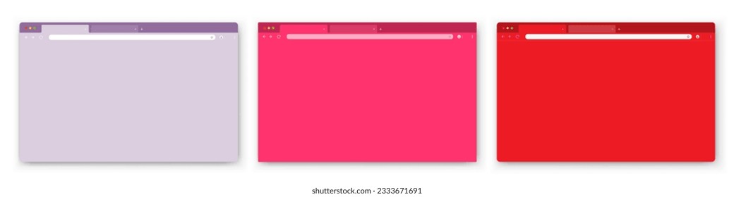 A set of three browser windows on a white background. Website layout with search bar, toolbar and buttons. Vector illustration.