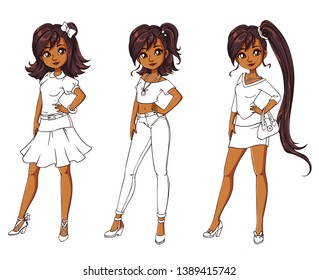 Set of three brunette girls with different haircuts and clothes. Colored body with white costume. Hand drawn cartoon illustration. Can be used for coloring books, paper dolls, ,mobile games, study etc.