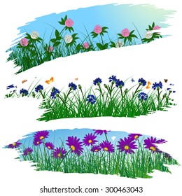 Set of three brush stroke frames with flower meadow background.