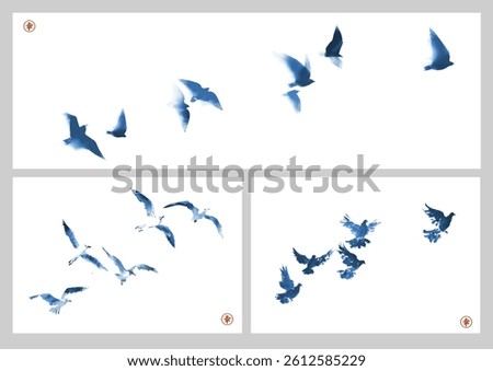 Set of three bue ink wash paintings of various birds in flight on white background. Traditional oriental ink painting sumi-e, u-sin, go-hua. Hieroglyph - happiness