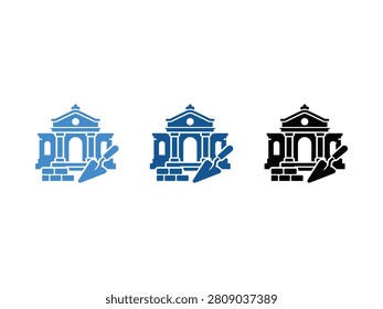 A set of three building construction icons featuring a classical building facade and a trowel tool in blue and black colors.