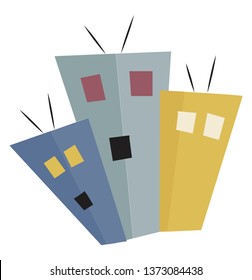 A set of three buildings with three windows and two antennas each vector color drawing or illustration 