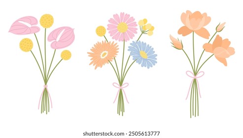 Set of three bunch wildflowers. Floral bouquet. Flowers tied with ribbon, vector illustration. Meadow herbs, and wild plants for design projects