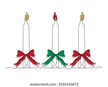 set of three burning candles with a bow, Christmas, New Year, continuous one line art hand drawing sketch, logo
