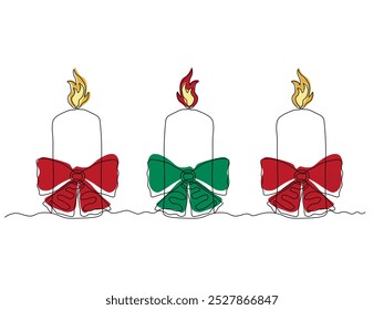set of three burning candles with a bow, Christmas, New Year, continuous one line art hand drawing sketch, logo