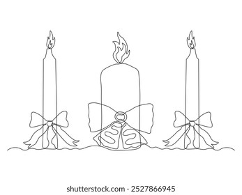 conjunto de três velas queimando com um arco, Natal, Ano Novo, contínua uma linha arte mão desenho esboço, logotipo