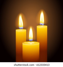 Set of three burning candles. Religious celebration, spa relaxation, memorial event concept. Realistic flame, transparent details. Graphic design element for poster, flyer, book. Vector illustration