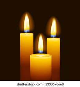 Set of three burning candles with transparency isolated on black background. Vector illustration