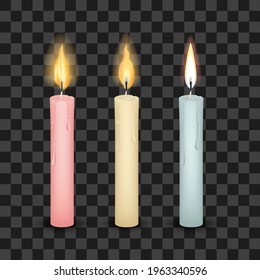 Set of three burning tall candles
