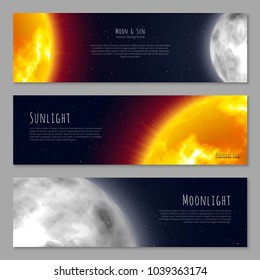 Set three business cards, cosmos theme, copy space, realistic. Invitations, flyers and posters with moon, sun and stars. Vector illustration of tickets collection