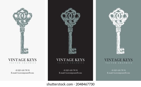 Set Of Three Business Cards With Vintage Keys. Vector Key Emblems. Suitable For Jewelry, Beauty And Fashion Industry. Great For Logo, Monogram, Invitation, Flyer, Menu, Brochure, Postcard, Background