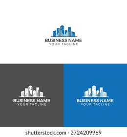 Un conjunto de tres Plantillas de logotipo de negocios con un diseño de horizonte de la ciudad con nombre de negocio personalizable y eslogan en diferentes fondos de colores.