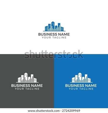 A set of three business logo templates featuring a city skyline design with customizable business name and tagline on different colored backgrounds.
