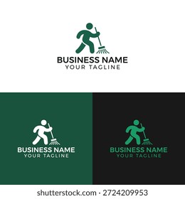 Um conjunto de três logotipos de empresas com um ícone verde e branco de uma pessoa segurando uma vassoura, com texto personalizável para o nome da empresa e slogan em fundos de cores diferentes.