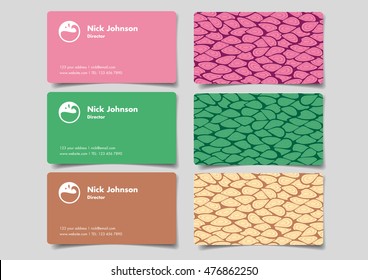 Set of three business name card designs with creative abstract shapes pattern on one side in pink, green and brown colors. Vector illustration isolated on grey background. 