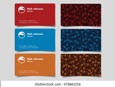Set of three business name card designs with creative abstract shapes pattern on one side in red, blue and orange colors. Vector illustration isolated on grey background. 