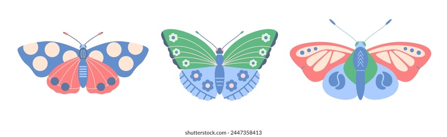 Set of three butterflies of different shapes and colors in cartoon style. Cute vector baby illustration on white isolated background.